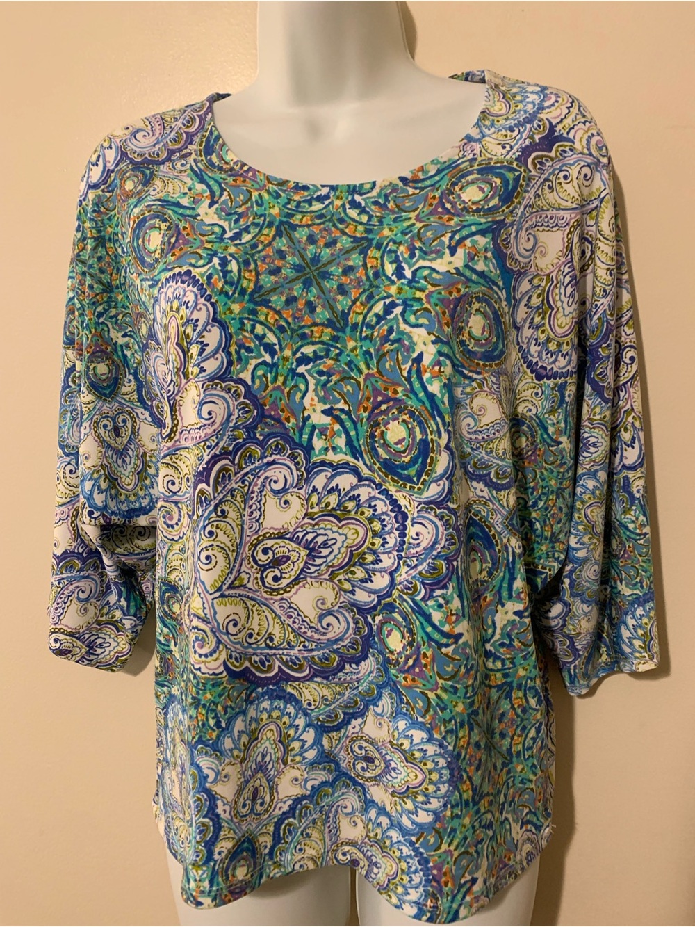 Chico's Teal Blue Multicolor Paisley Scoop Neck Top